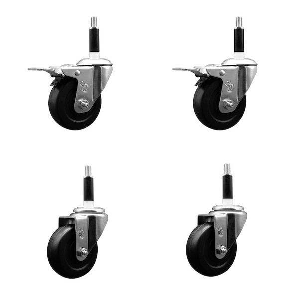 3.5'' Hard Rubber Swivel 7/8'' Expand Stem Caster Set 2 Total Lock Brakes, 4PK